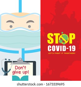 Cartoon doctor in medical disposable protective suit holding clipboard & stethoscope. Coronavirus outbreak flat design. Stop coronavirus pendemic (covid-19) vector illustration. 