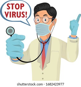 Cartoon doctor in medical mask using stethoscope and says STOP VIRUS