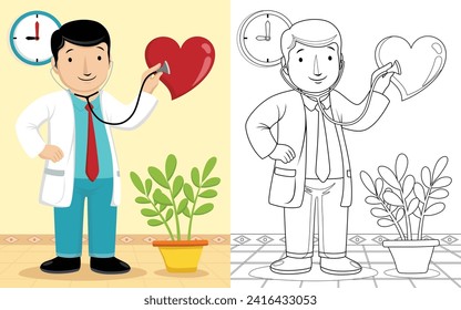 cartoon of doctor in a medical room check up a heart with stethoscope, coloring book or page