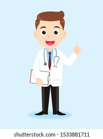 Cartoon doctor. Medical doctor in white coat showing greeting gesture. vector illustration isolated cartoon background