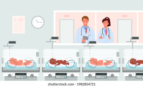 Cartoon doctor neonatologist, happy parent characters standing, people looking with love at newborn baby background. Hospital ward with preterm baby incubators, prematurity concept vector illustration