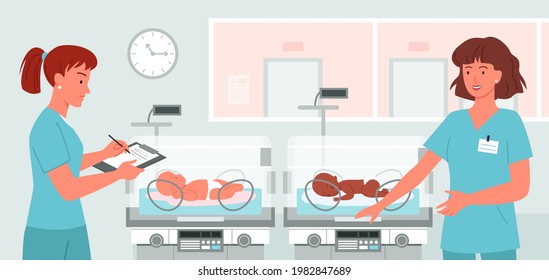 Cartoon doctor neonatologist at newborn baby background. Hospital ward with preterm baby incubators, prematurity concept, kinde nurses take care about cute babies.