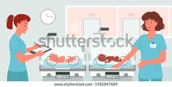 Cartoon doctor neonatologist at\
newborn baby background. Hospital ward with preterm baby\
incubators, prematurity concept, kinde nurses take care about cute\
babies.