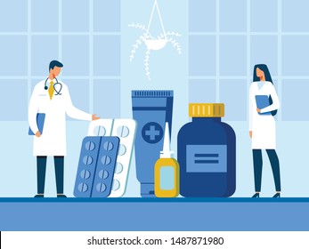 Cartoon Doctor and Nurse Presenting New Drugs for Disease Treatment Illustration. Flat Vector Plastic Pills Bottle, Push-Trough Pack, Nasal Drops, Medical Cream. Pharmacy, Therapy and Healthcare