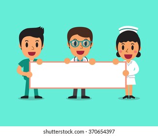 Cartoon doctor and nurses holding board for presentation