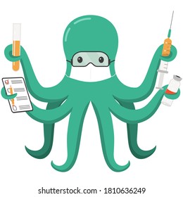 Cartoon doctor octopus do medical research of coronavirus vaccine. Scientist in mask vaccinate people with syringe, vial, falcon, notebook in tentacles. Pandemic vaccination and treatment.