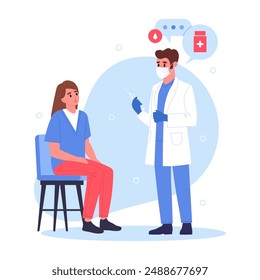 Cartoon doctor with patient. Doctor advising and diagnosing patient, medical worker and female patient flat vector illustration. Hospital professional worker with patient