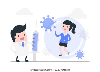 Cartoon doctor and patient with Coronavirus vaccine. Fight against coronavirus concept illustration.