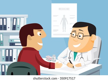 Cartoon doctor and patient. Examination by a doctor. Prescription drugs. Vitamins and antibiotics. Funny vector flat simple illustration.