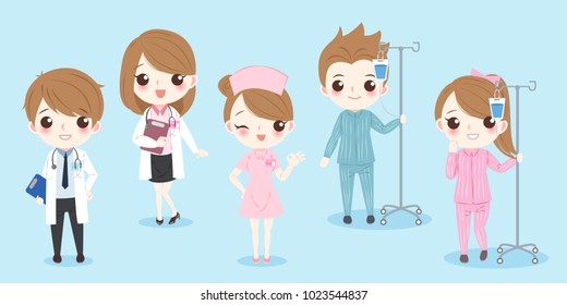 cartoon doctor with patient on the blue background