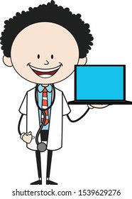 Cartoon Doctor - Presenting a Laptop Vector