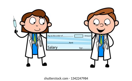 Cartoon Doctor Presenting a Salary Cheque Vector Illustration