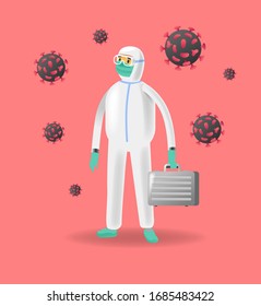 Cartoon doctor in the protective suit and mask for fighting Covid-19 (Coronavirus) holds silver briefcase on a pink background. Flying virus in the air. Medicine vector concept