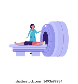 Cartoon doctor putting patient in MRI machine - flat isolated vector illustration on white background. Female health professional using hospital equipment for brain diagnosis.