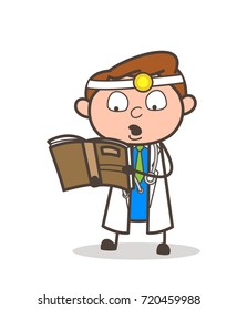 Cartoon Doctor Reading Book Vector Illustration