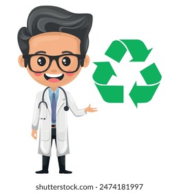 Cartoon of doctor with recycling symbol. Concept of sustainability and environmental awareness in medical practice. Eco-friendly practices, waste reduction and a healthy environment for both patients