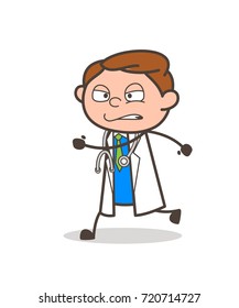 Cartoon Doctor Running in Aggression Vector Illustration
