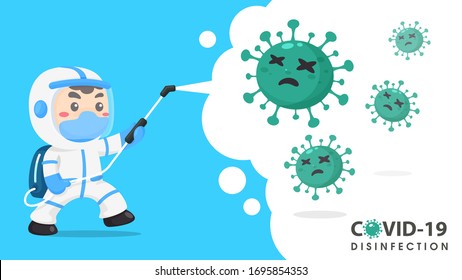 Cartoon Doctor Spraying Alcohol To Kill Corona Virus Concept Of Disease Prevention