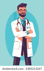 A cartoon of a doctor with a stethoscope on his neck. Vector Illustration. Isolated, cartoon style. simple, very minimal.