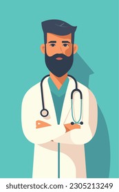 A cartoon of a doctor with a stethoscope on his neck. Vector Illustration. Isolated, cartoon style. simple, very minimal.