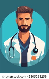 A cartoon of a doctor with a stethoscope on his neck. Vector Illustration. Isolated, cartoon style. simple, very minimal.