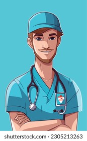 A cartoon of a doctor with a stethoscope on his neck. Vector Illustration. Isolated, cartoon style. simple, very minimal.