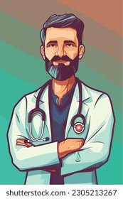 A cartoon of a doctor with a stethoscope on his neck. Vector Illustration. Isolated, cartoon style. simple, very minimal.