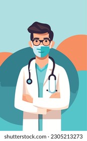 A cartoon of a doctor with a stethoscope on his neck. Vector Illustration. Isolated, cartoon style. simple, very minimal.