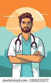 A cartoon of a doctor with a stethoscope on his neck. Vector Illustration. Isolated, cartoon style. simple, very minimal.