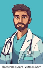 A cartoon of a doctor with a stethoscope on his neck. Vector Illustration. Isolated, cartoon style. simple, very minimal.