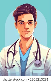 A cartoon of a doctor with a stethoscope on his neck. Vector Illustration. Isolated, cartoon style. simple, very minimal.