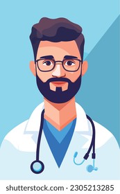 A cartoon of a doctor with a stethoscope on his neck. Vector Illustration. Isolated, cartoon style. simple, very minimal.