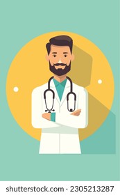 A cartoon of a doctor with a stethoscope on his neck. Vector Illustration. Isolated, cartoon style. simple, very minimal.