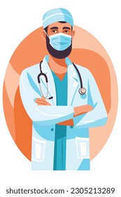 A cartoon of a doctor with a stethoscope on his neck. Vector Illustration. Isolated, cartoon style. simple, very minimal.