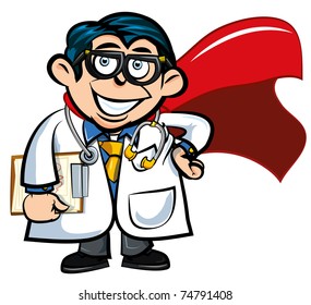 Cartoon doctor with a superhero cape. Isolated on white