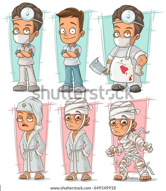 包帯の文字のベクター画像セットを持つ漫画の医師と病気の患者 の