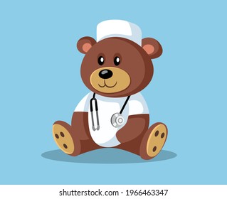 Cartoon Doctor Teddy Bear with Stethoscope. Cute funny stuffed animal toy wearing a scrub 
