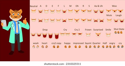 Caricatura Doctor Tiger mascot con los pulgares hacia arriba pose feliz y triste expresión, vocales de sincronización de labios y vectores parpadeantes Ilustración. listo para usar en afiches, animación 2D, gráficos de movimiento 