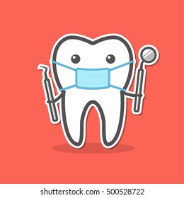 Cartoon doctor tooth in mask with dental probe and mirror. Dental diagnostic and treatment concept. Vector illustration