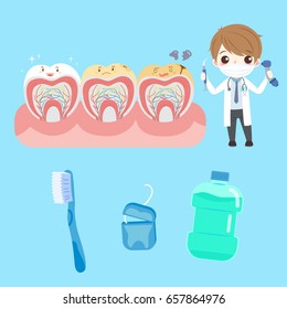 cartoon doctor with tooth on the blue background