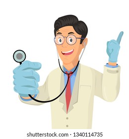Cartoon doctor using stethoscope on white background