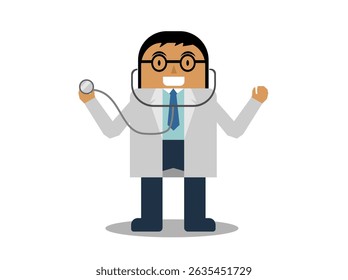 Cartoon of doctor using stethoscope on white background