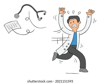 Cartoon Doctor Or Vet Is Scared, Throws Stethoscope And Papers And Runs Away, Vector Illustration. Colored And Black Outlines.