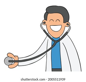 Cartoon doctor or veterinarian examining with stethoscope, vector illustration. Colored and black outlines.