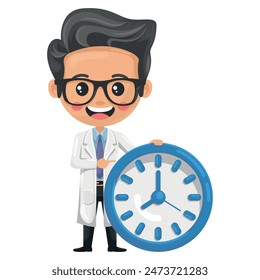 Cartoon of doctor with watch. Efficient time management, urgency in critical situations, punctuality in patient care, and the constant pressure doctors face to make quick and accurate decisions