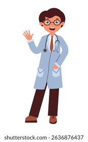 Cartoon doctor waving hello in a friendly manner, dressed in a lab coat with a stethoscope around the neck. Vector illustration in flat style isolated on white background.