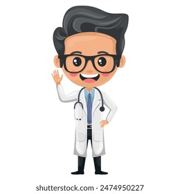 Caricatura de un doctor saludando. Interactuar cordialmente y amablemente con los pacientes, creando una atmósfera de confianza y comodidad. Concepto de salud y medicina. Investigación, ciencia y tecnología en salud