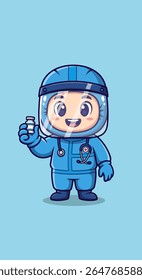Cartoon doctor wearing a blue hazmat suit, face shield, and stethoscope, holding a vaccine vial. Smiling with big eyes, ready to help.