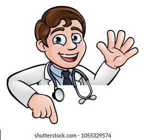 A cartoon doctor wearing lab white coat with stethoscope waving above sign and pointing at it