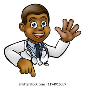 A cartoon doctor wearing lab white coat with stethoscope waving above sign and pointing at it